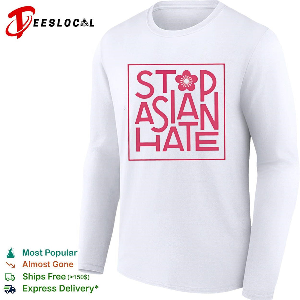 Stop Asian hate cherry blossom pink bold lettering square frame awareness shirt Unisex