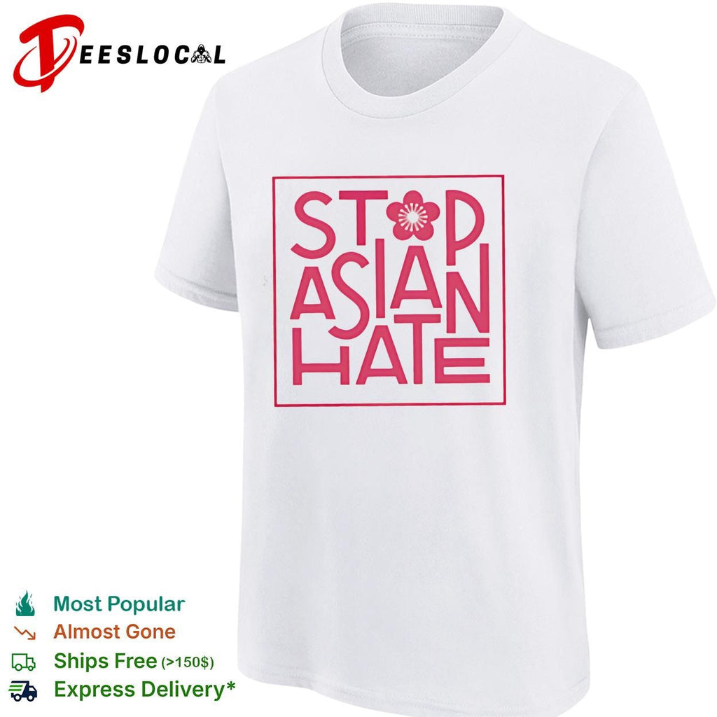 Stop Asian hate cherry blossom pink bold lettering square frame awareness shirt Unisex