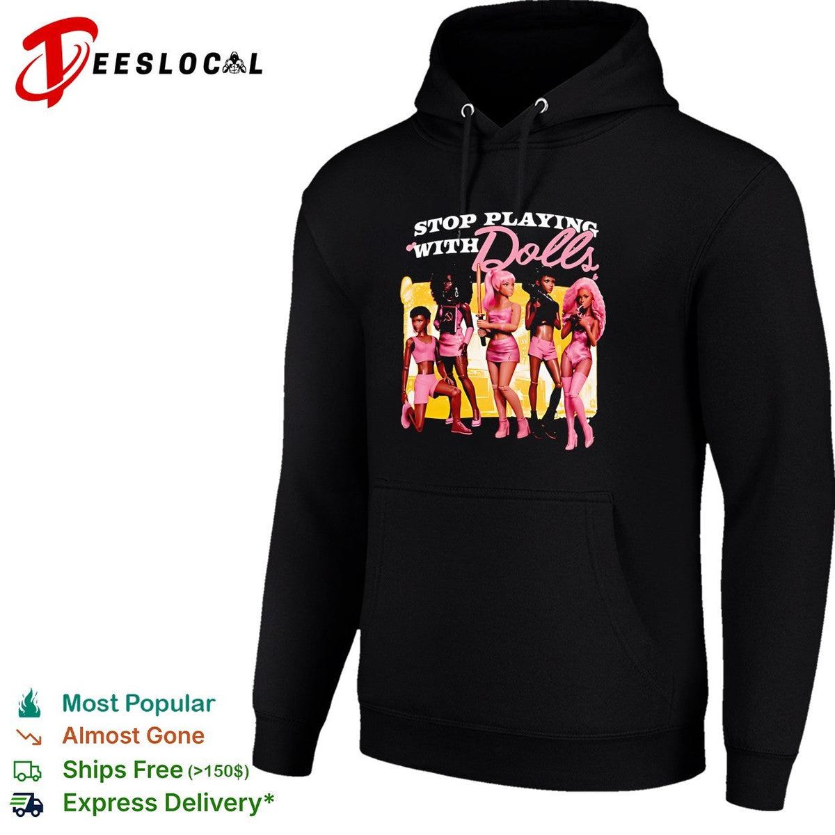 Stop playing with dolls pink silhouette figures illustration graphic shirt Unisex