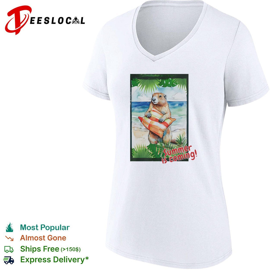 Summer is coming Groundhog beach vacation sunset palm tree leaves watercolor shirt Unisex