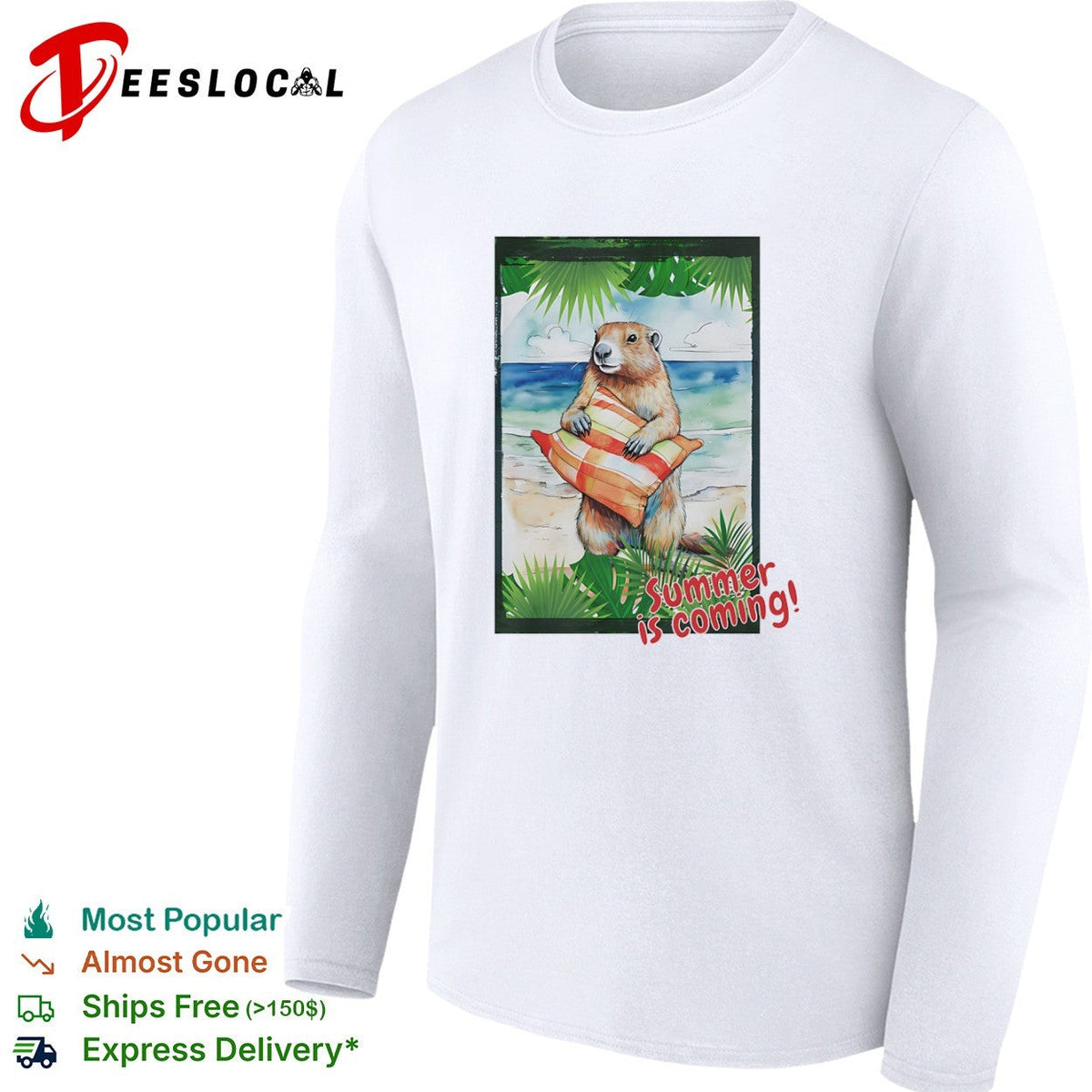 Summer is coming Groundhog beach vacation sunset palm tree leaves watercolor shirt Unisex