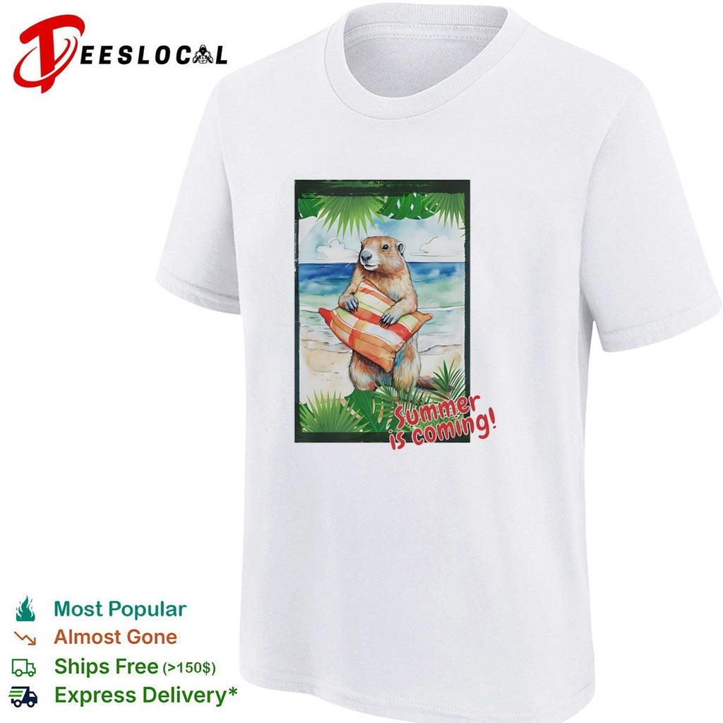 Summer is coming Groundhog beach vacation sunset palm tree leaves watercolor shirt Unisex