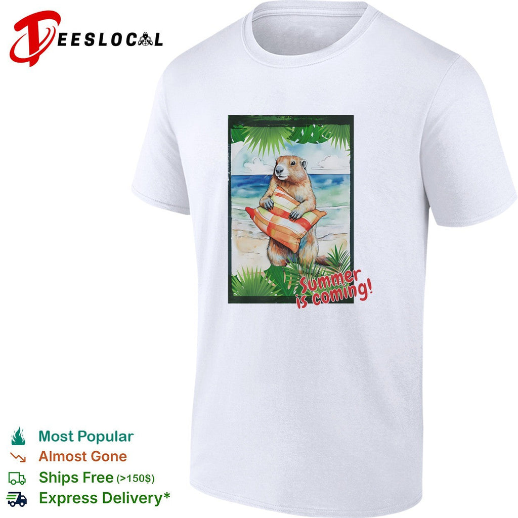 Summer is coming Groundhog beach vacation sunset palm tree leaves watercolor shirt Unisex
