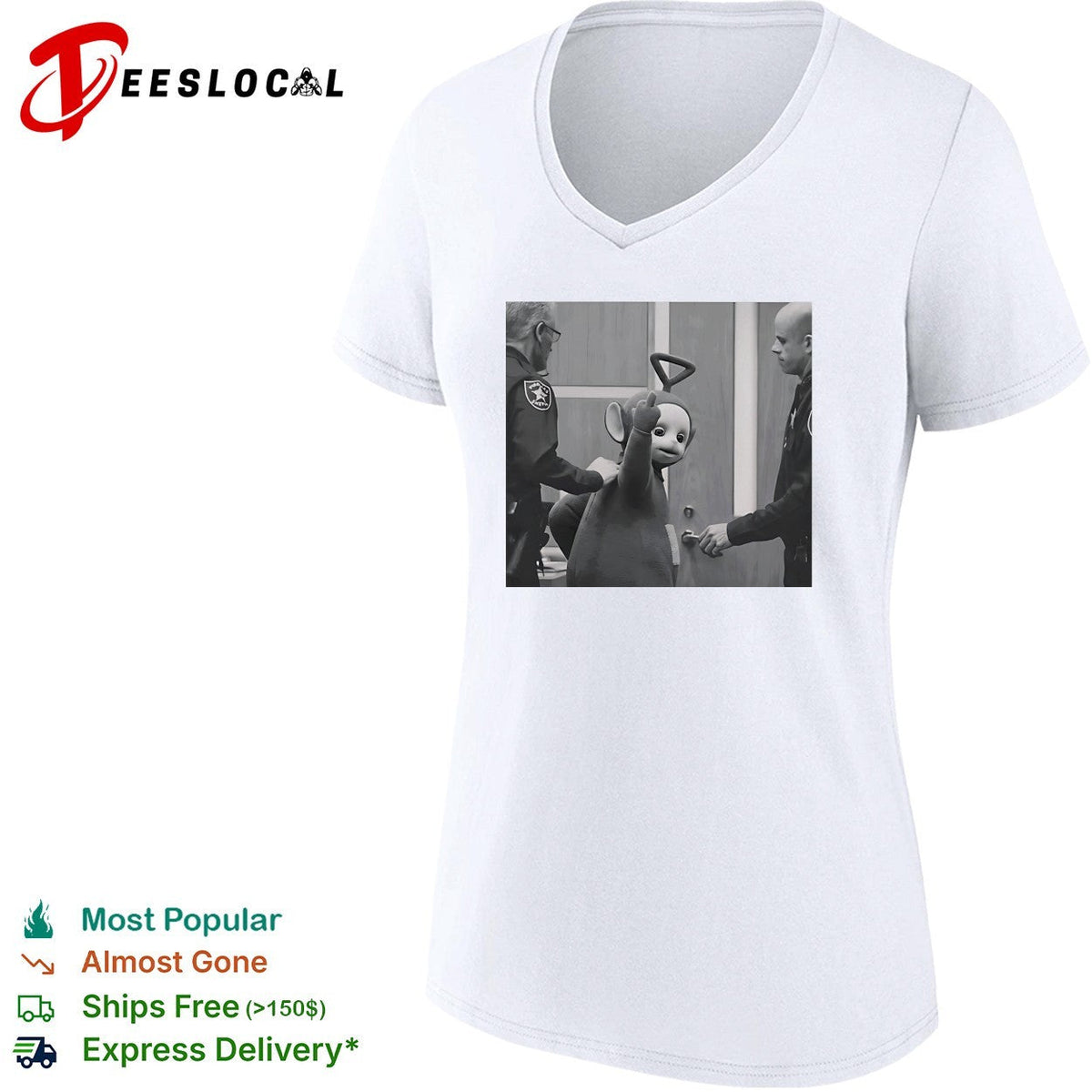 Teletubby character being arrested by two officers humorous photo parody shirt Unisex