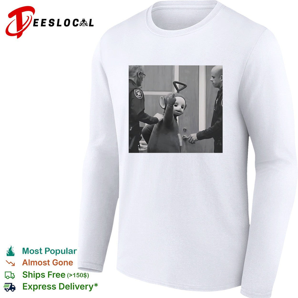 Teletubby character being arrested by two officers humorous photo parody shirt Unisex