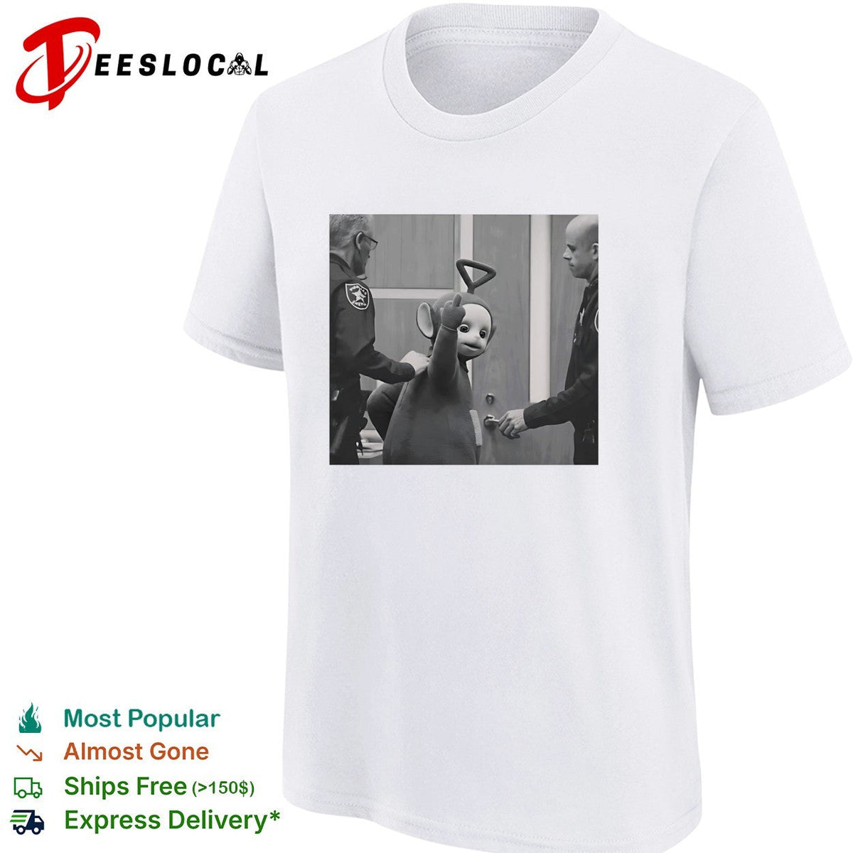 Teletubby character being arrested by two officers humorous photo parody shirt Unisex