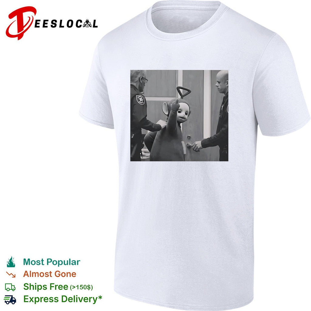 Teletubby character being arrested by two officers humorous photo parody shirt Unisex