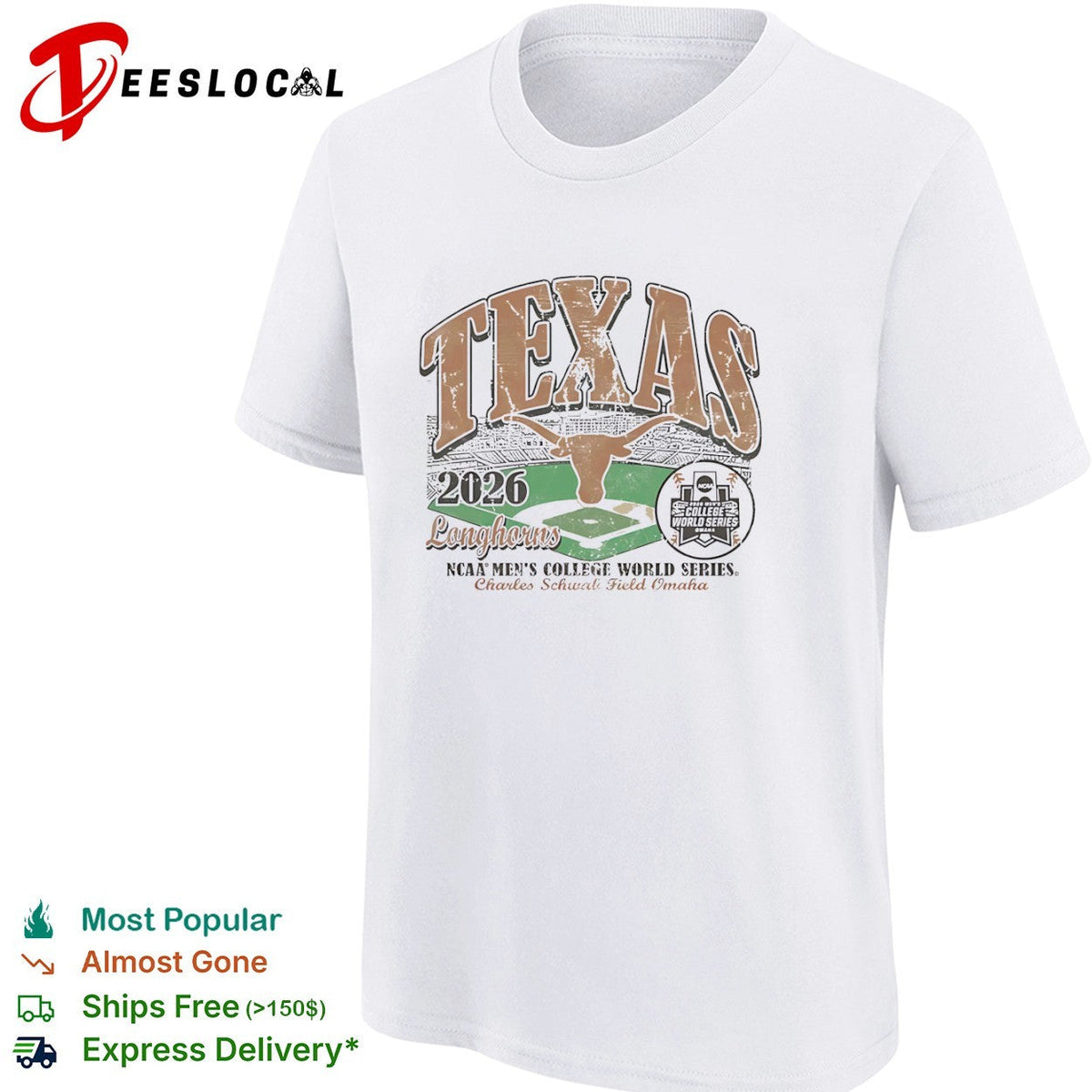 Texas Longhorns NCAA mens College World Series steer head 2026 Charles Schwab Field Omaha shirt
