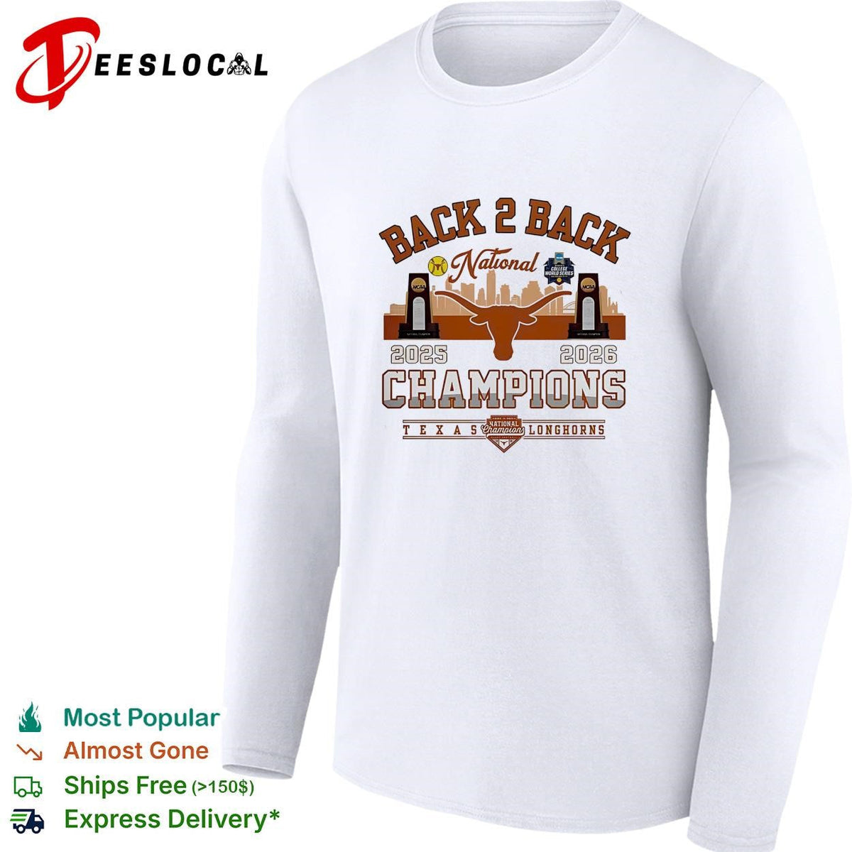 Texas Longhorns back to back national champions badge skyline shirt Unisex