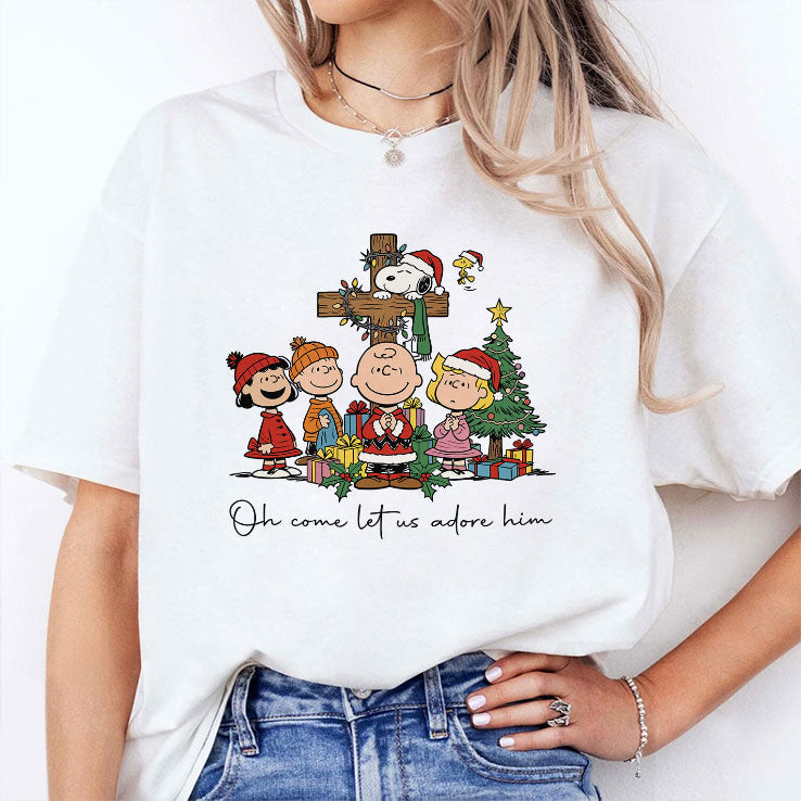 The Peanuts Christmas Christian Oh Come Let Us Adore Him T Shirt Unisex