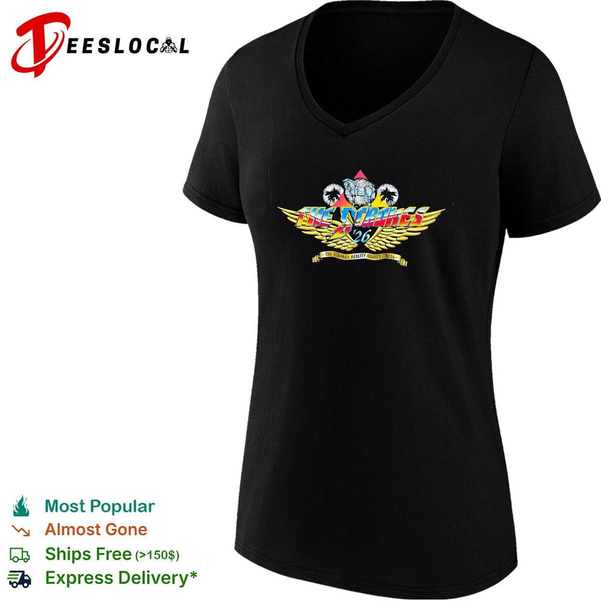 The Strokes 2026 reality awaits golden wings logo bold lettering graphic shirt Unisex