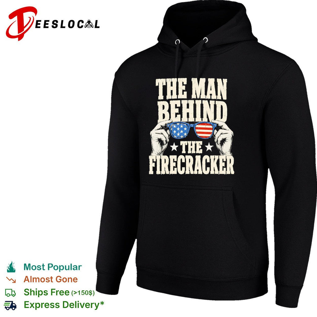 The man behind the firecracker American flag sunglasses patriotic 4th of July shirt Unisex