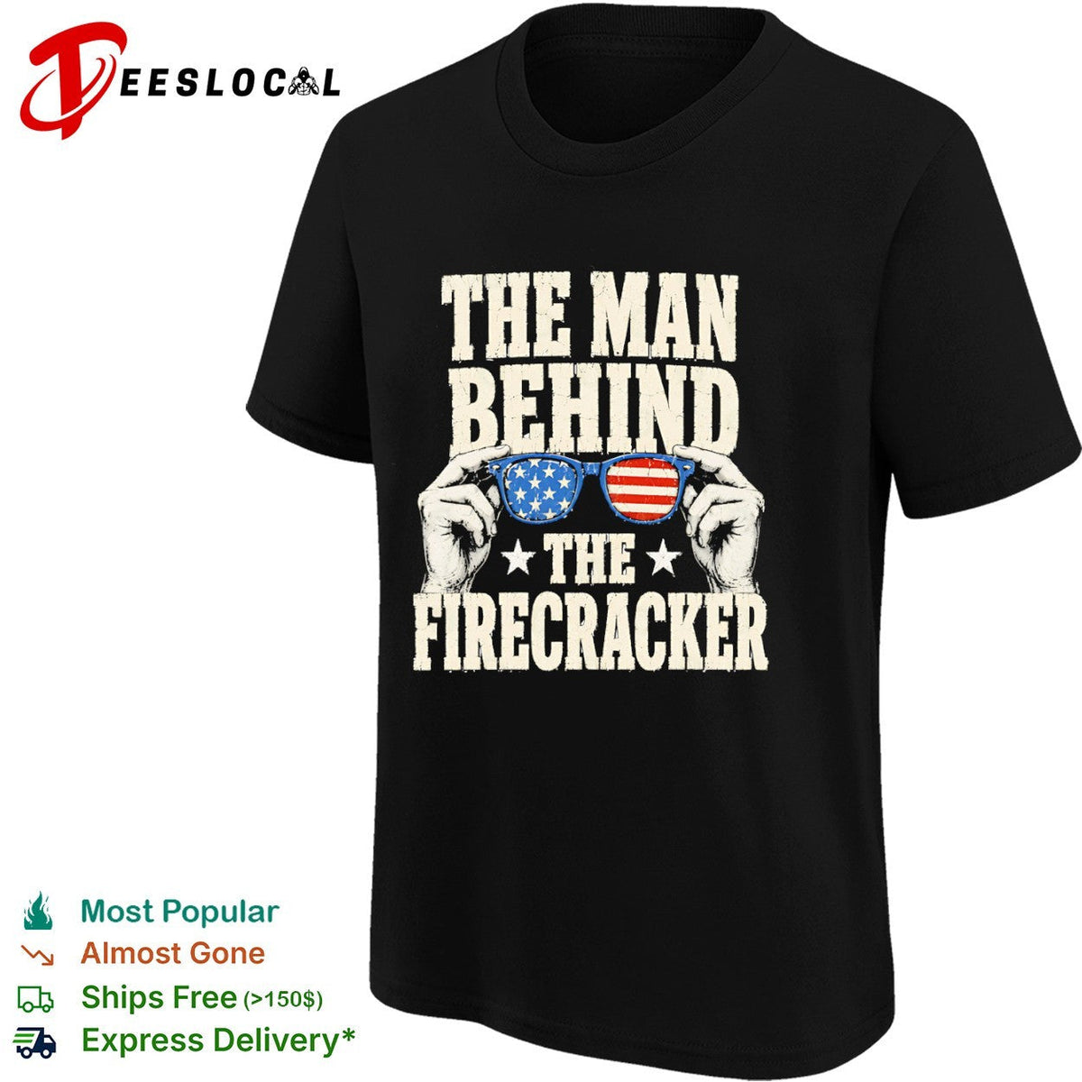 The man behind the firecracker American flag sunglasses patriotic 4th of July shirt Unisex