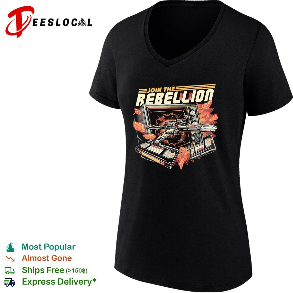 Time to Join the Rebellion an X-Wing coming through a television alongside video tapes shirt