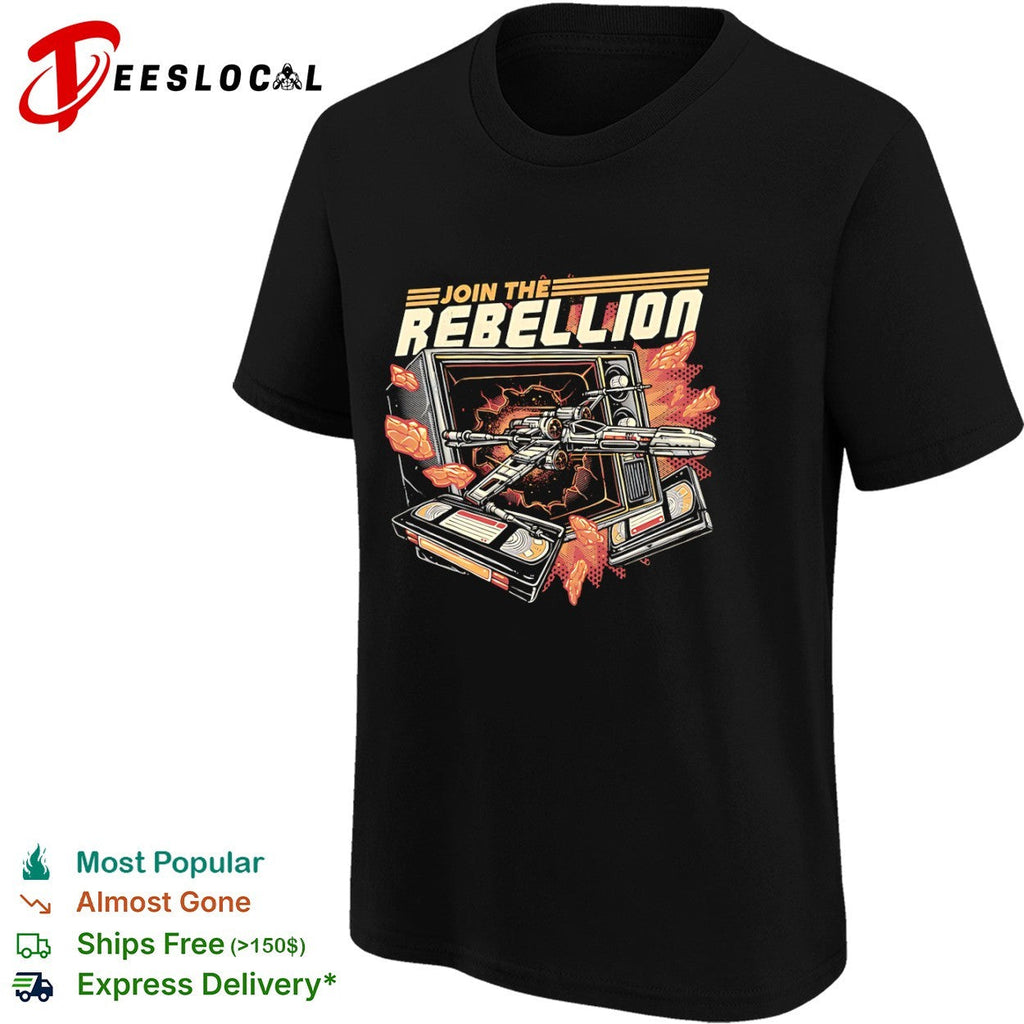 Time to Join the Rebellion an X-Wing coming through a television alongside video tapes shirt