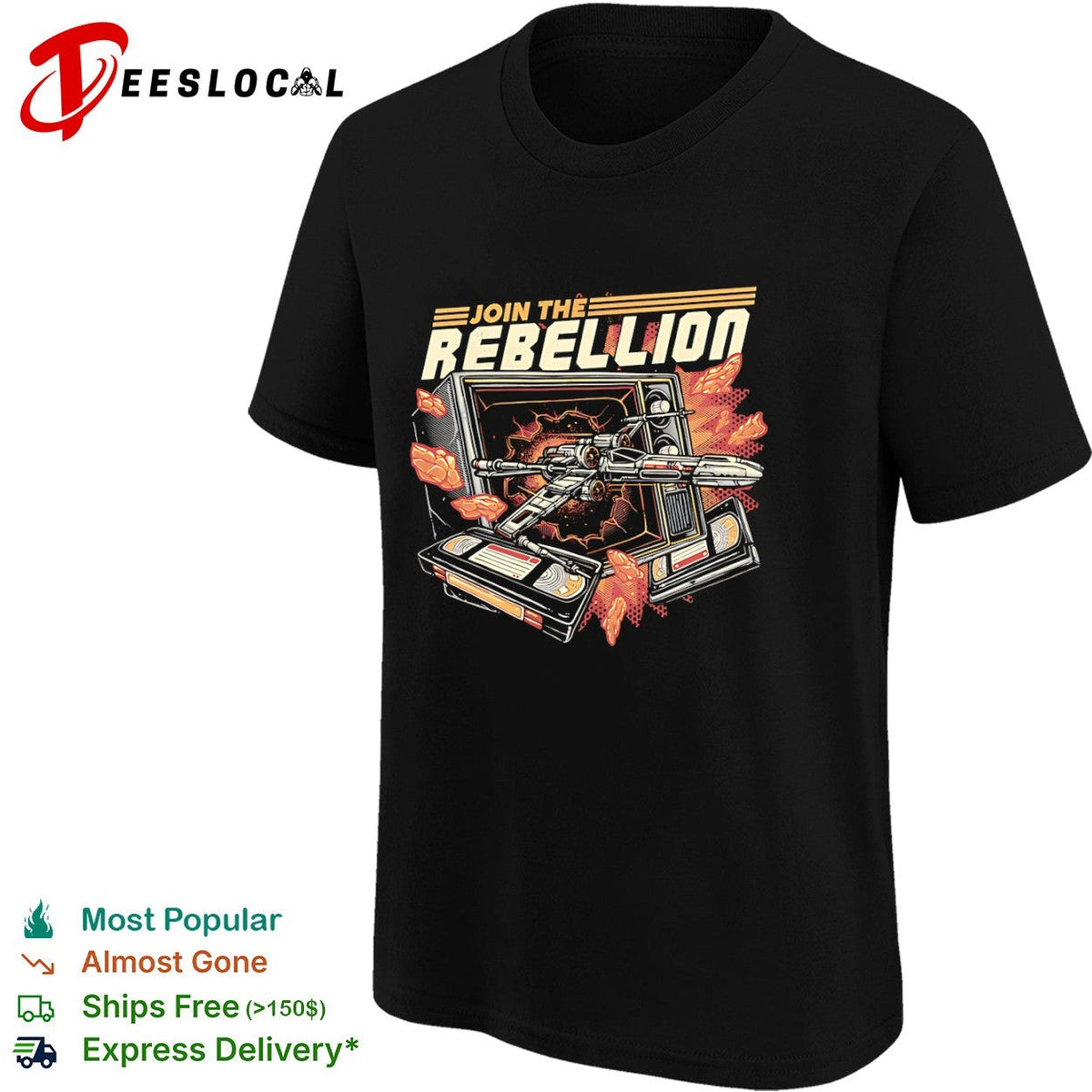 Time to Join the Rebellion an X-Wing coming through a television alongside video tapes shirt