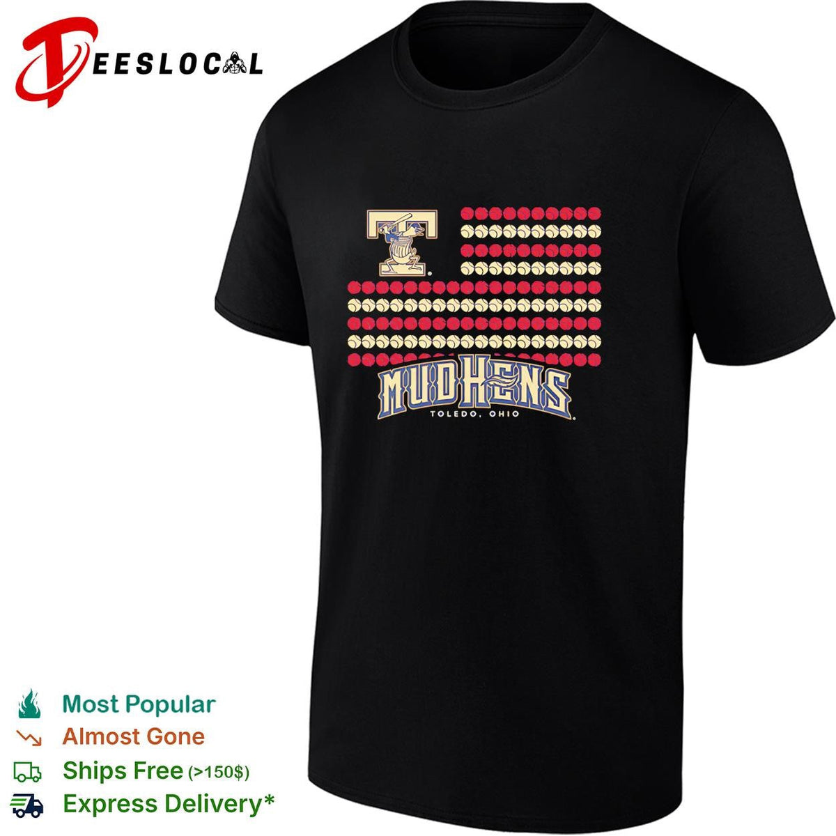 Toledo Mud Hens baseball flag logo and text design fan apparel graphic shirt Unisex