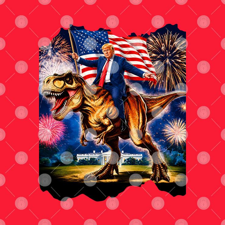 Trump Riding T-Rex American Flag Fireworks 4th Of July T Shirt Unisex