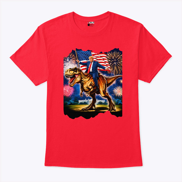 Trump Riding T-Rex American Flag Fireworks 4th Of July T Shirt Unisex