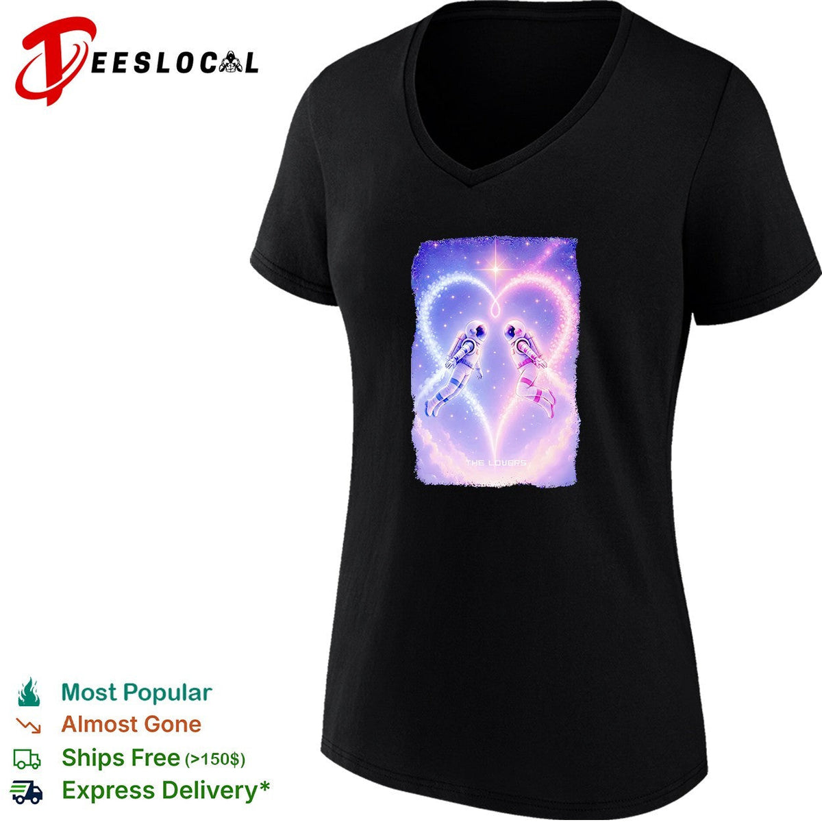 Two astronauts floating heart formation starry space The Lovers art shirt Unisex