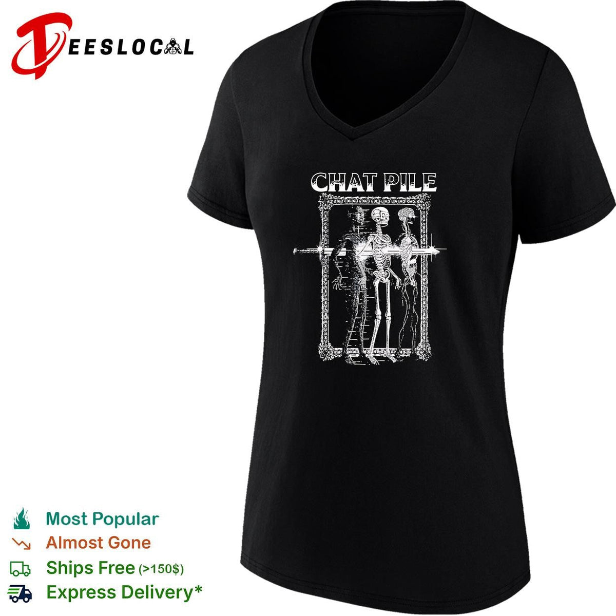 Two skeletons portrait ornate baroque frame gothic black shirt Unisex