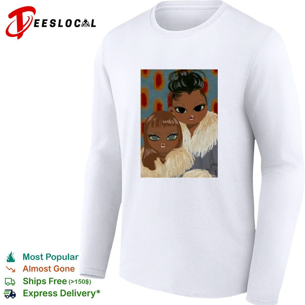 Two women portrait fur coats stylized illustration shirt Unisex