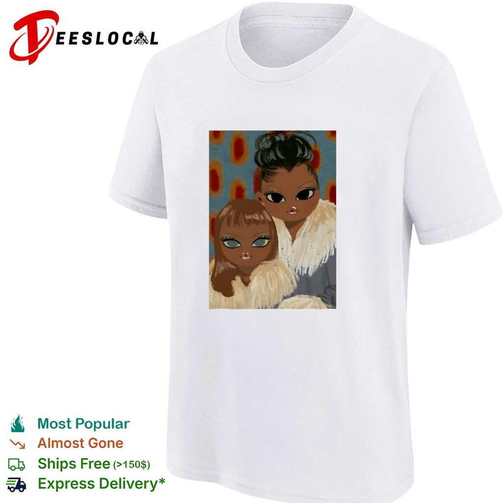 Two women portrait fur coats stylized illustration shirt Unisex