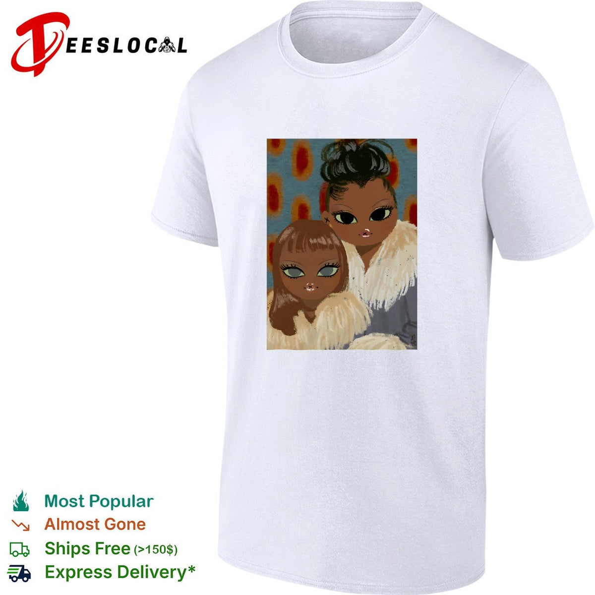Two women portrait fur coats stylized illustration shirt Unisex