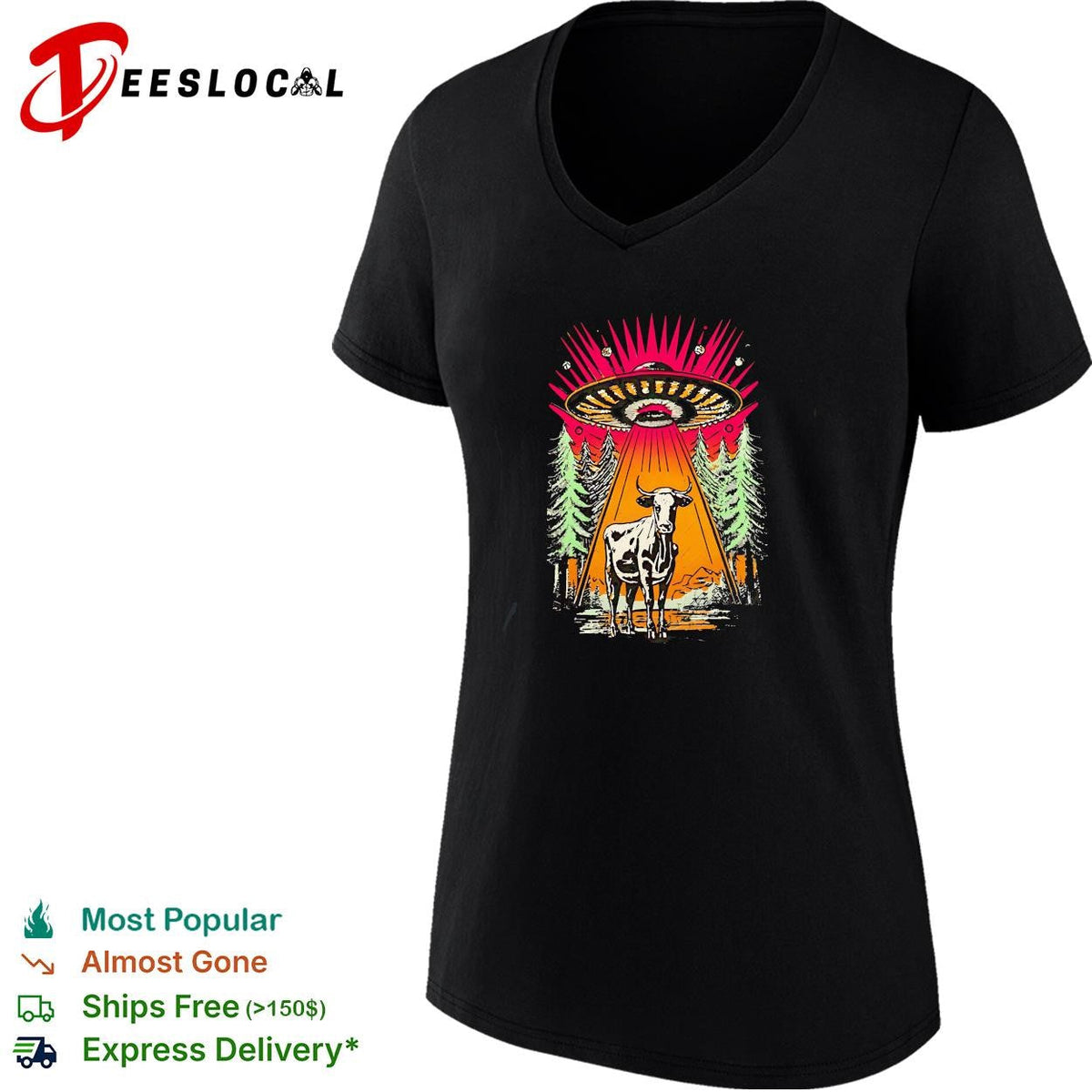 UFO alien cow abduction forest night retro graphic shirt Unisex