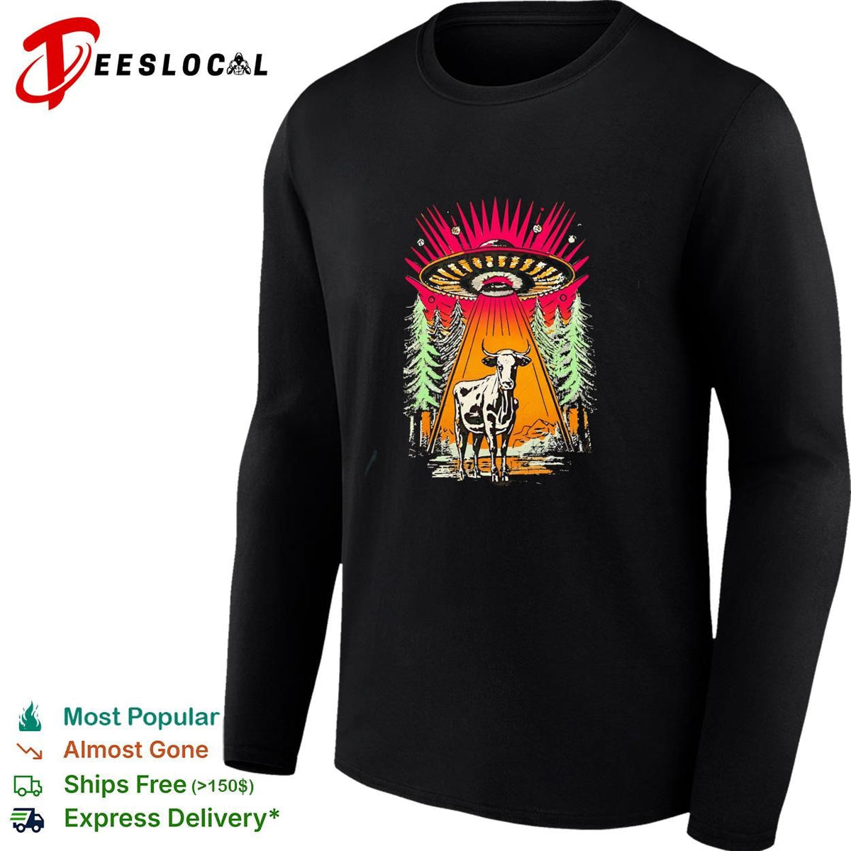 UFO alien cow abduction forest night retro graphic shirt Unisex
