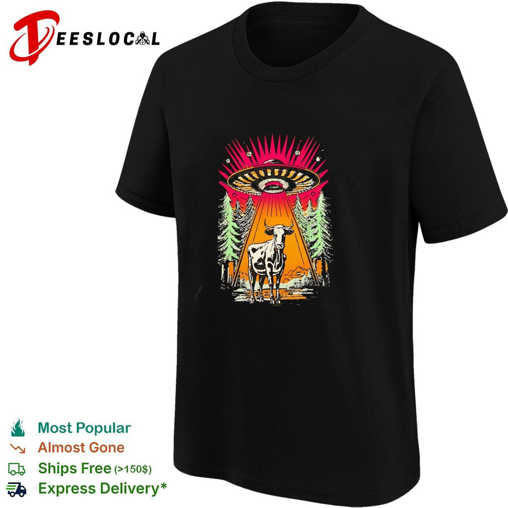UFO alien cow abduction forest night retro graphic shirt Unisex
