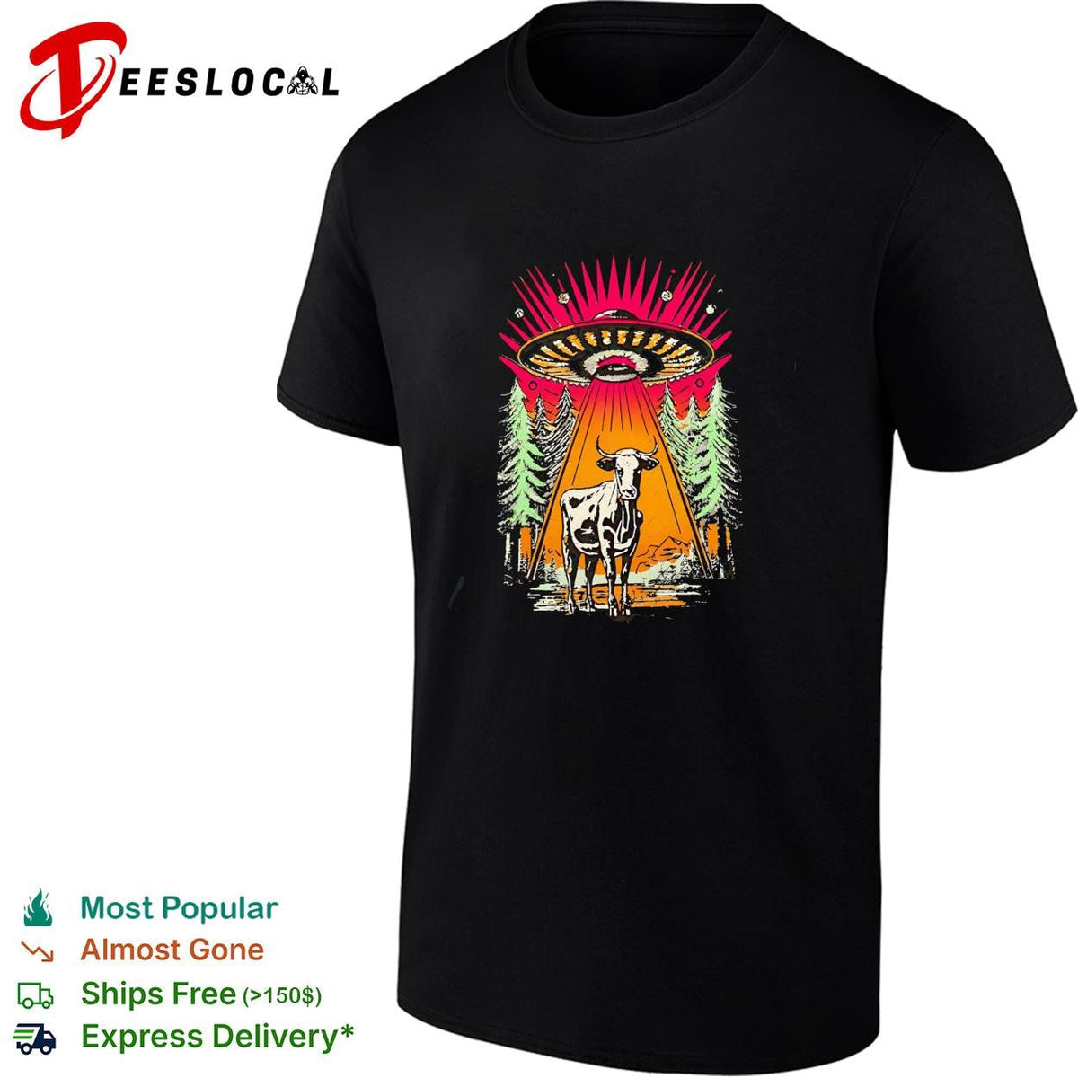UFO alien cow abduction forest night retro graphic shirt Unisex