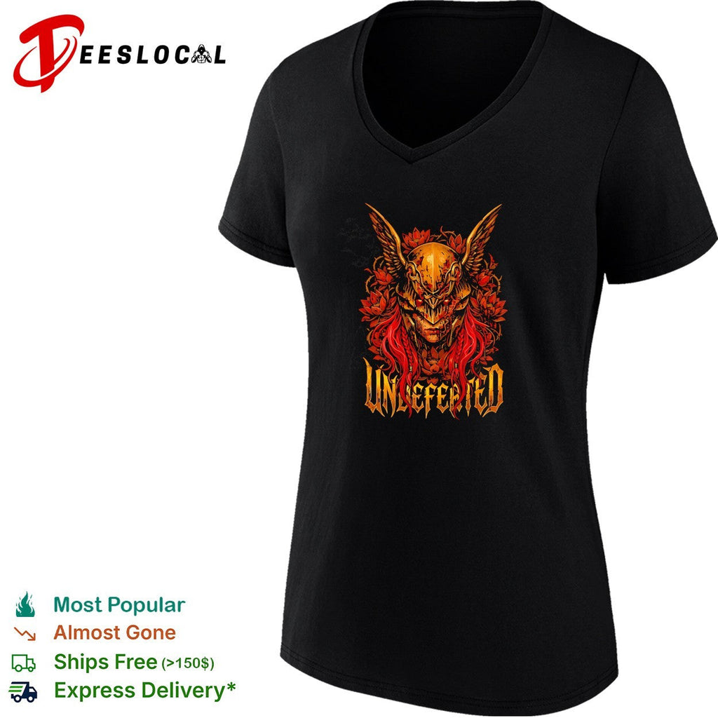 Undefeated demon skull with wings and red roses dark fantasy illustration graphic shirt Unisex