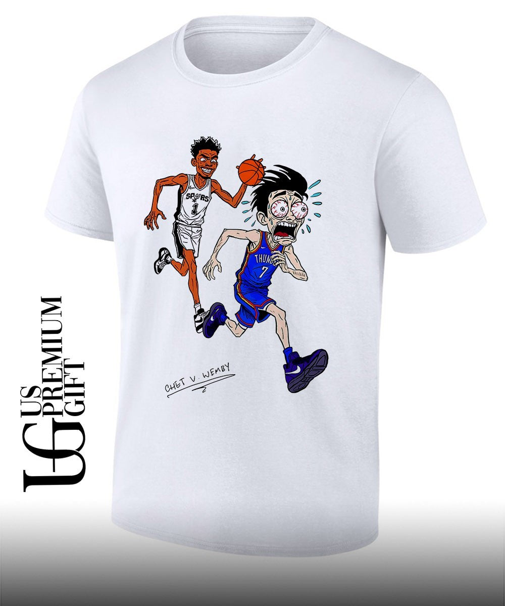 Victor Wembanyama chasing Chet Holmgren Spurs Thunder NBA basketball Finals 2026 NBA fan art shirt