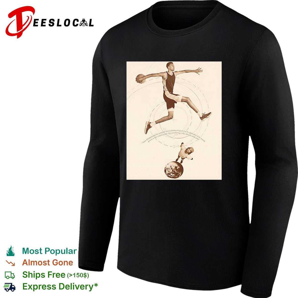 Victor Wembanyama leaping over globe gravity science diagram sepia art shirt Unisex