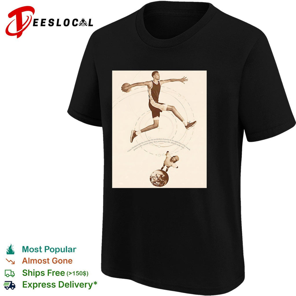 Victor Wembanyama leaping over globe gravity science diagram sepia art shirt Unisex