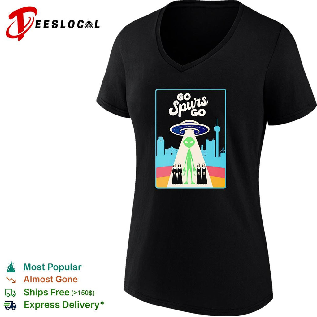 Victor Wemby Go Spurs Go alien UFO abduction San Antonio skyline retro poster shirt Unisex