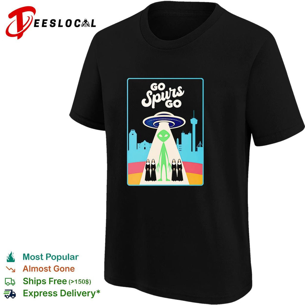 Victor Wemby Go Spurs Go alien UFO abduction San Antonio skyline retro poster shirt Unisex