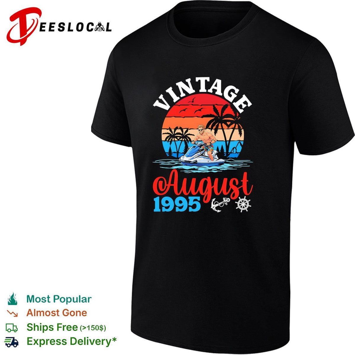 Vintage August 1995 Jet Ski Watercraft Tropical Sunset Ocean Beach Summer shirt Unisex