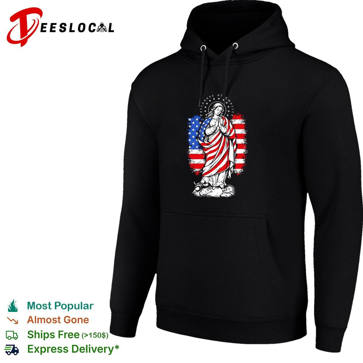 Virgin Mary praying wrapped in American flag patriotic religious graphic shirt Unisex