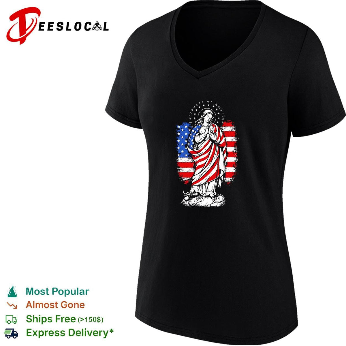 Virgin Mary praying wrapped in American flag patriotic religious graphic shirt Unisex