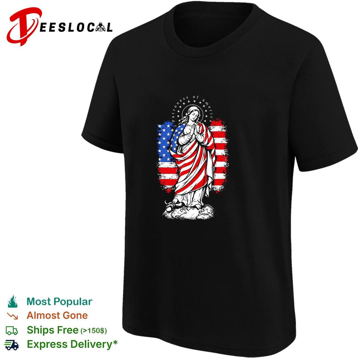 Virgin Mary praying wrapped in American flag patriotic religious graphic shirt Unisex