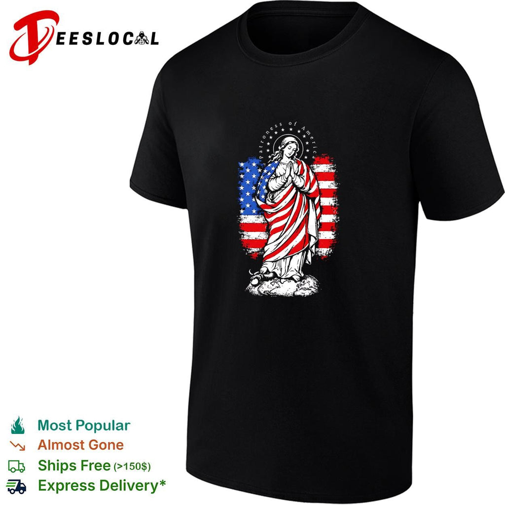 Virgin Mary praying wrapped in American flag patriotic religious graphic shirt Unisex