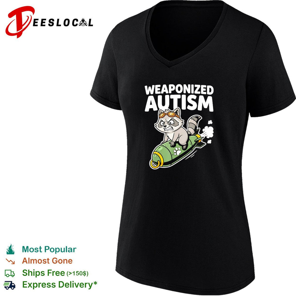 Weaponized autism raccoon riding rocket bomb funny parody humor casual cotton shirt Unisex