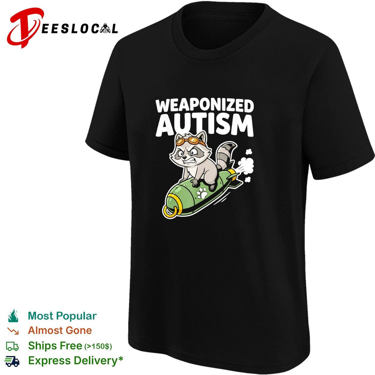 Weaponized autism raccoon riding rocket bomb funny parody humor casual cotton shirt Unisex