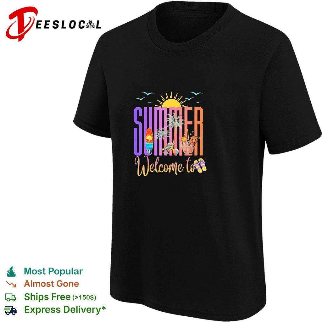Welcome to summer beach surfboard tropical sunset vibes shirt Unisex