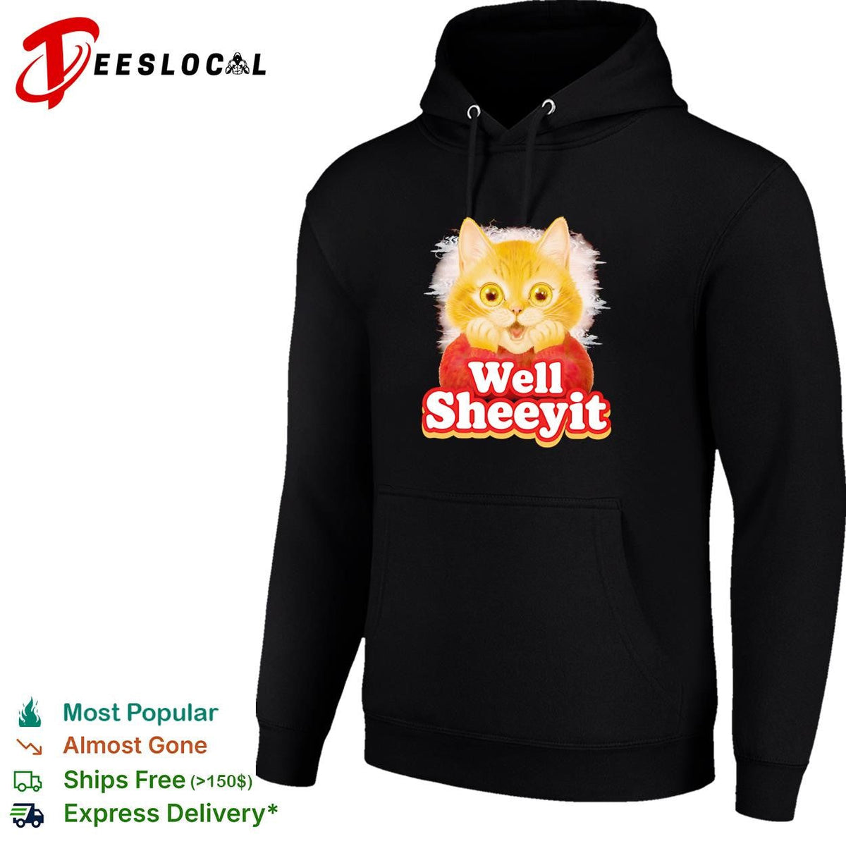 Well Sheeyit surprised orange cat sweater humor bold text shirt Unisex