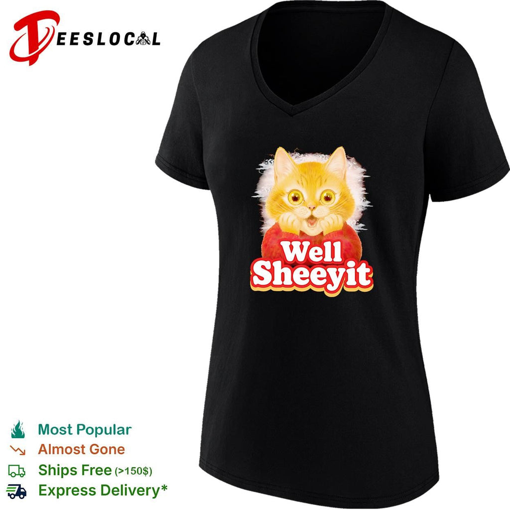 Well Sheeyit surprised orange cat sweater humor bold text shirt Unisex