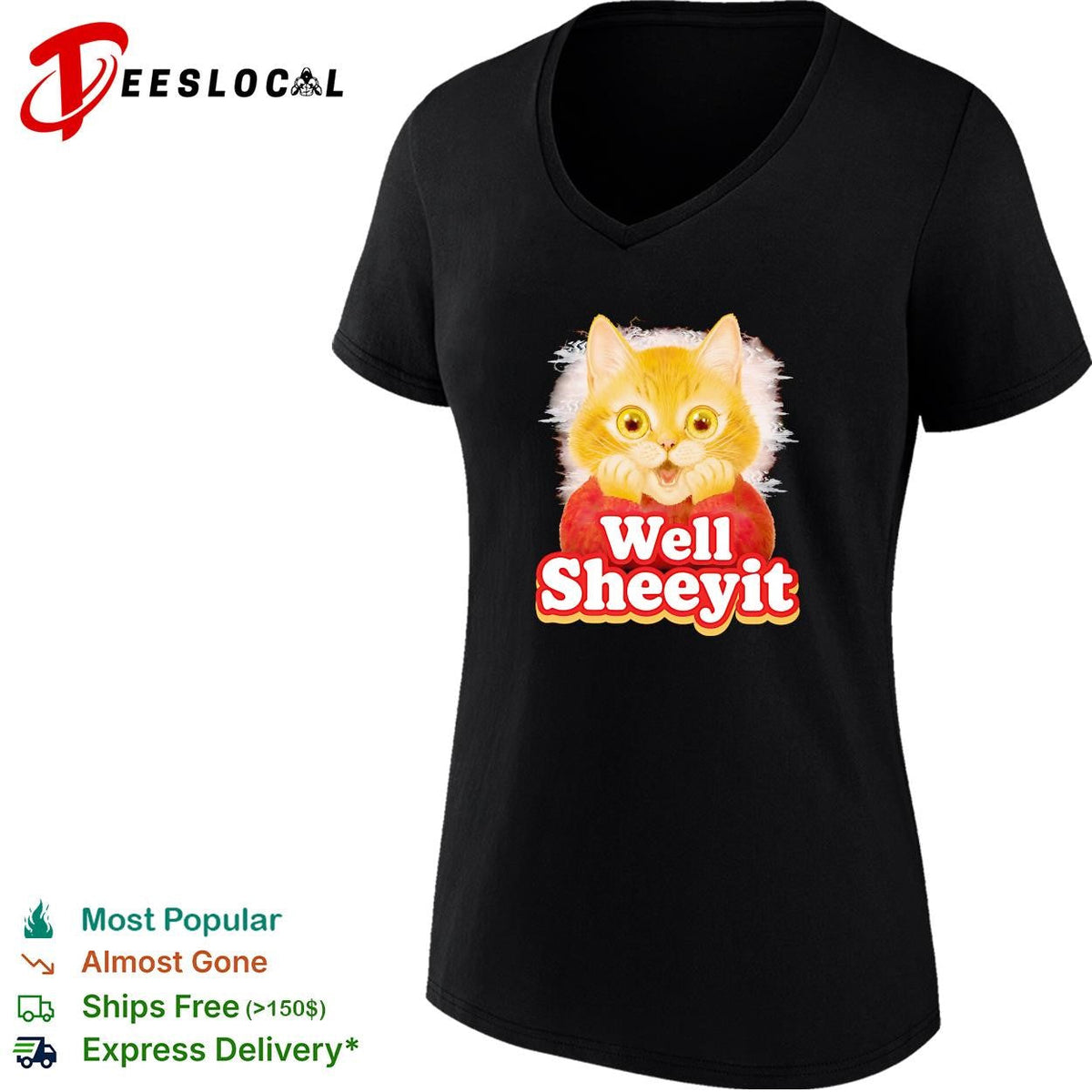 Well Sheeyit surprised orange cat sweater humor bold text shirt Unisex