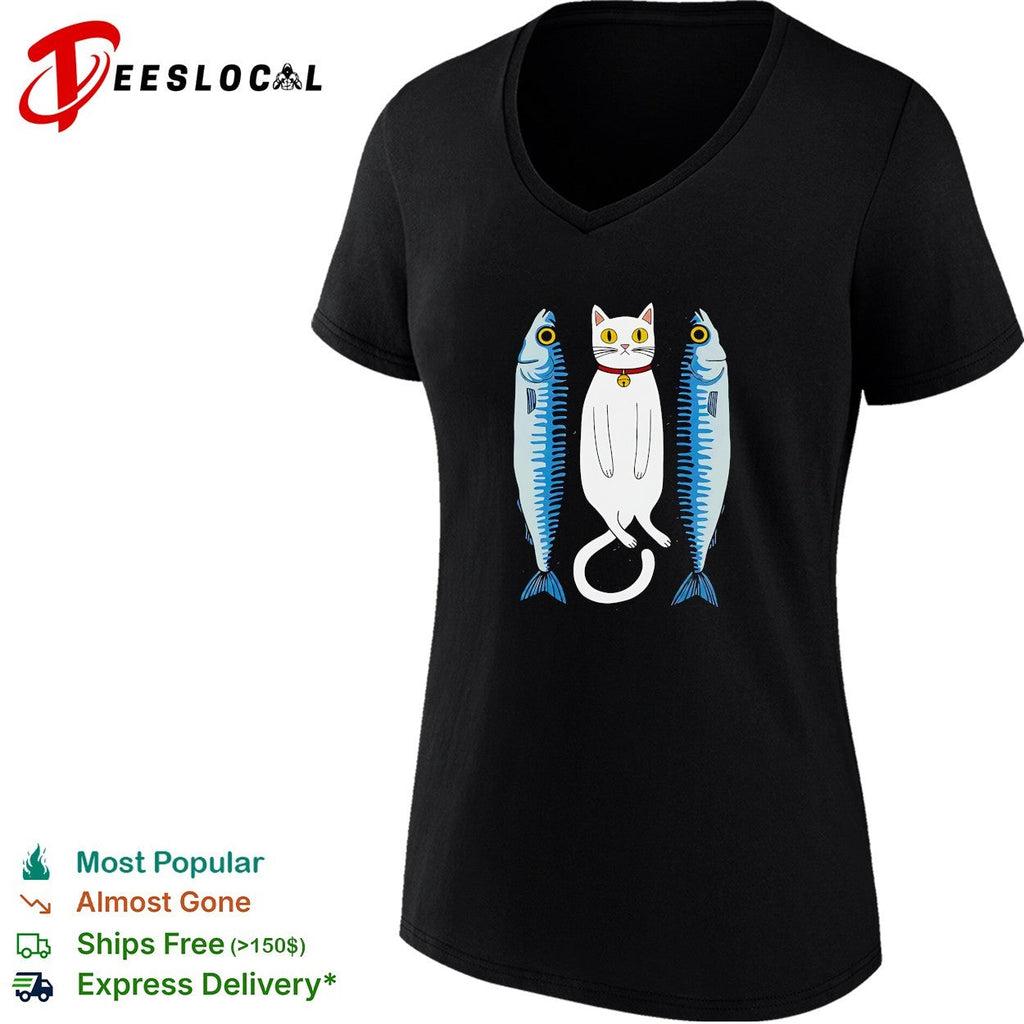 White cat with two fish meme shirt Unisex